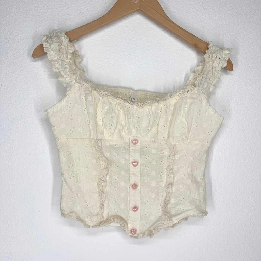 Womens Eyelet Milkmaid Corset Top Pink Small Heart Button Cream Coquette Smocked